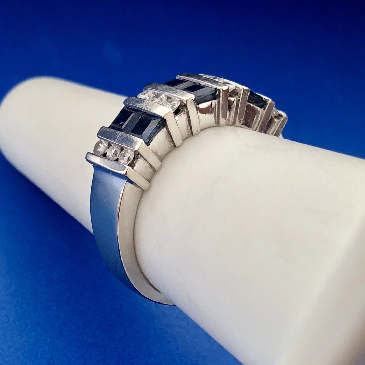 Retro Designer 14K White Gold Diamond Sapphire Channel Set Tapered Band Ring
