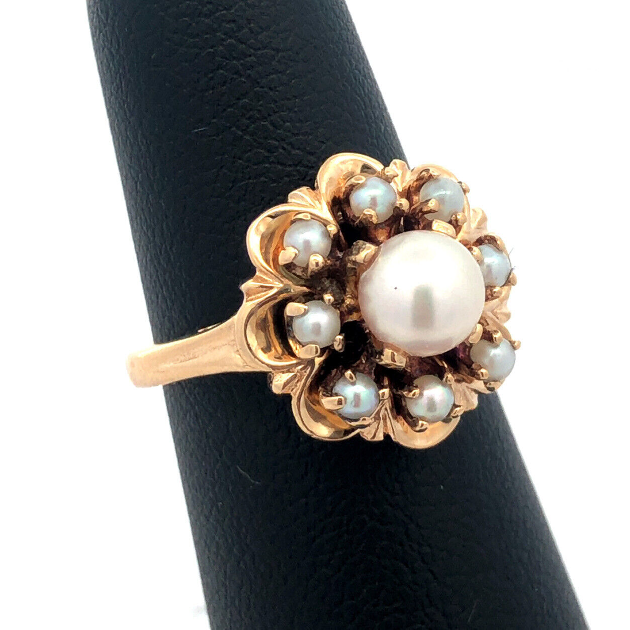 Vintage 14K Yellow Gold Pearl Solitaire With Pearl Halo Anniversary Ring