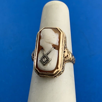 Vintage Designer 10K Yellow Gold Diamond Rectangle Cameo Filigree Statement Ring