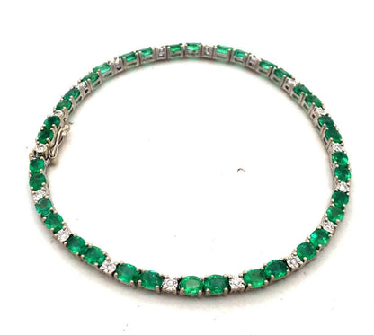 Designer CEI 14K White Gold Oval Green Emerald White Topaz Tennis Bracelet