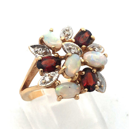 Vintage 14K Yellow Gold Opal Garnet Diamond Floral Cluster Anniversary Ring
