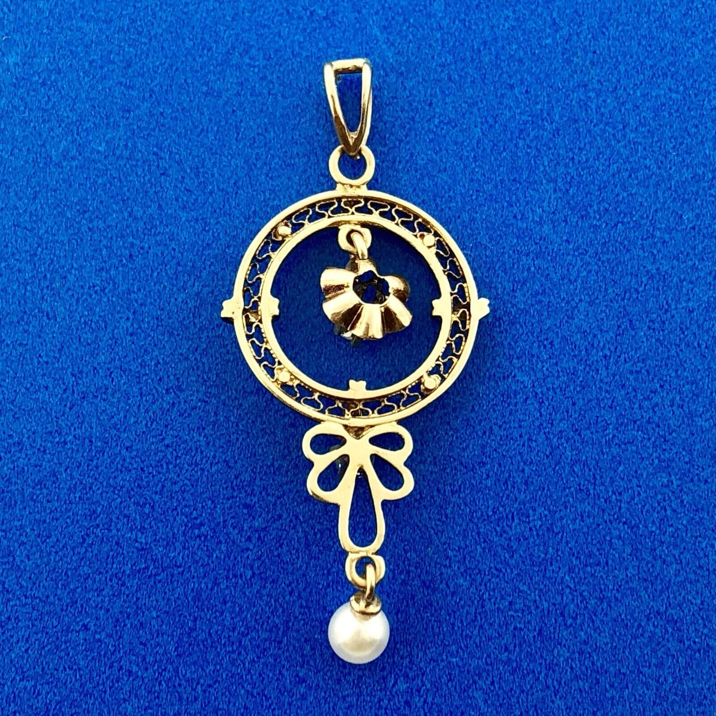 Art Nouveau 10K Yellow Gold Diamond Blue Topaz Pearl Drop Dangle Pendant