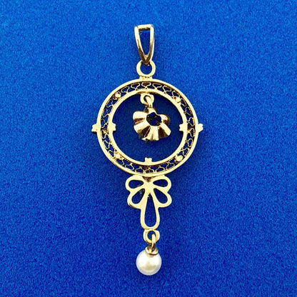 Art Nouveau 10K Yellow Gold Diamond Blue Topaz Pearl Drop Dangle Pendant