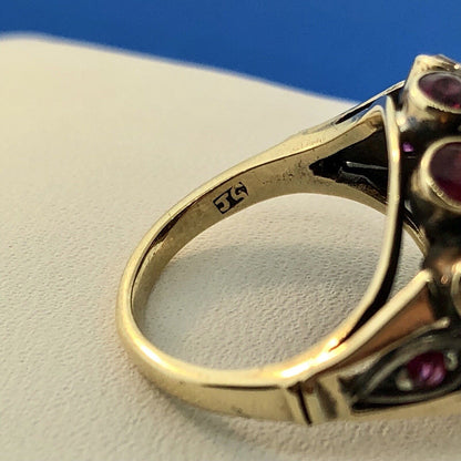 Art Deco 10K Yellow White Gold Ruby Cluster Princess July Anniversary Ring