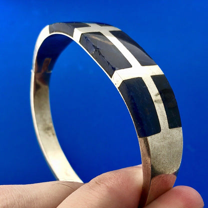 Retro Taxco Artisan 925 Sterling Silver Lapis Lazuli Inlay Hinged Cuff Bracelet