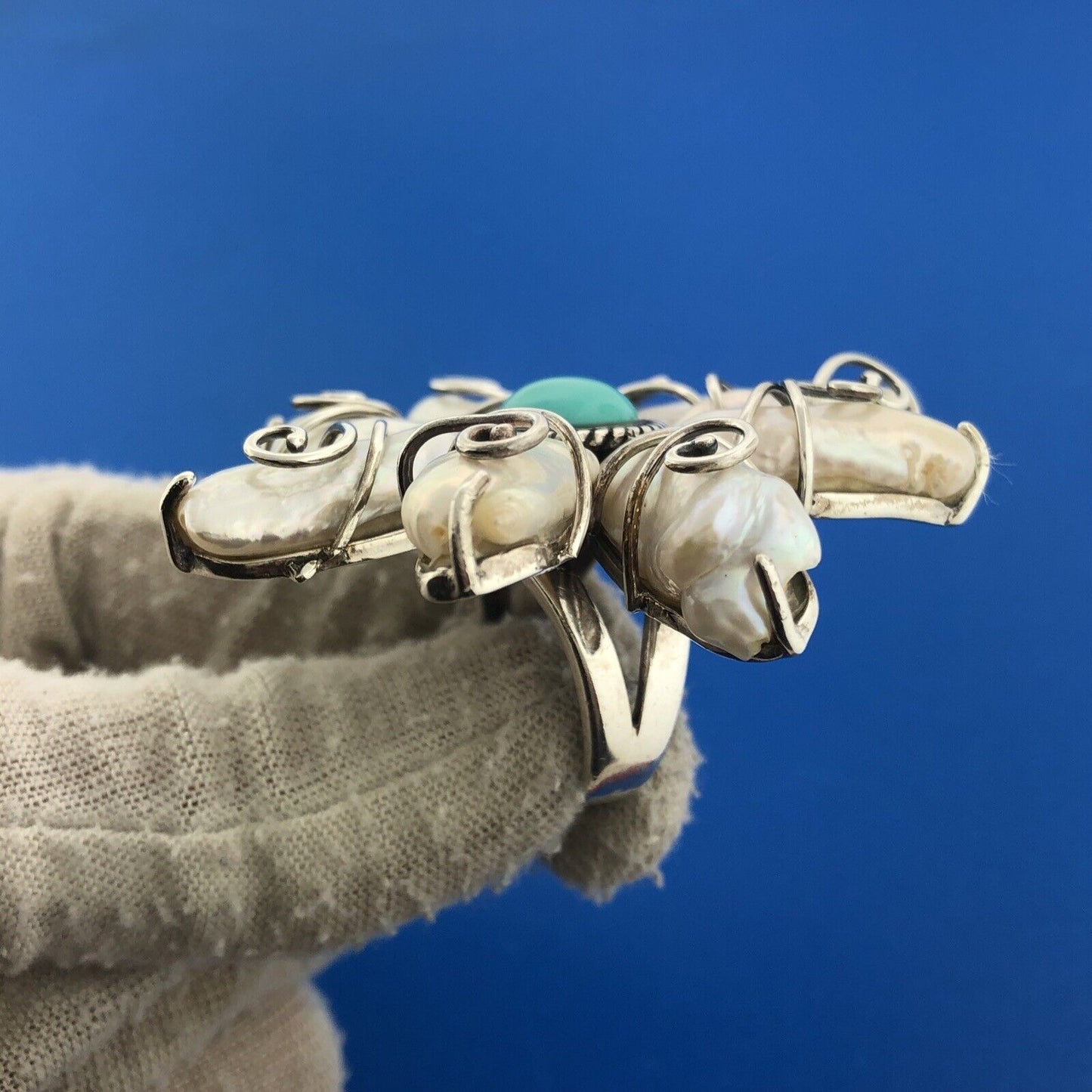 Designer 925 Sterling Silver CFJ Turquoise & Baroque Pearl Flower Floral Ring
