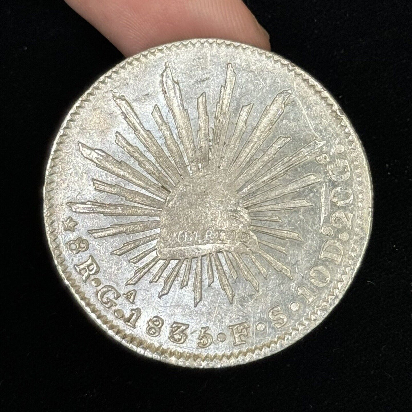 1835 Ga Guadalajara Mexico 8 Reales .903 Silver F.S. Cap & Rays Libertad Coin