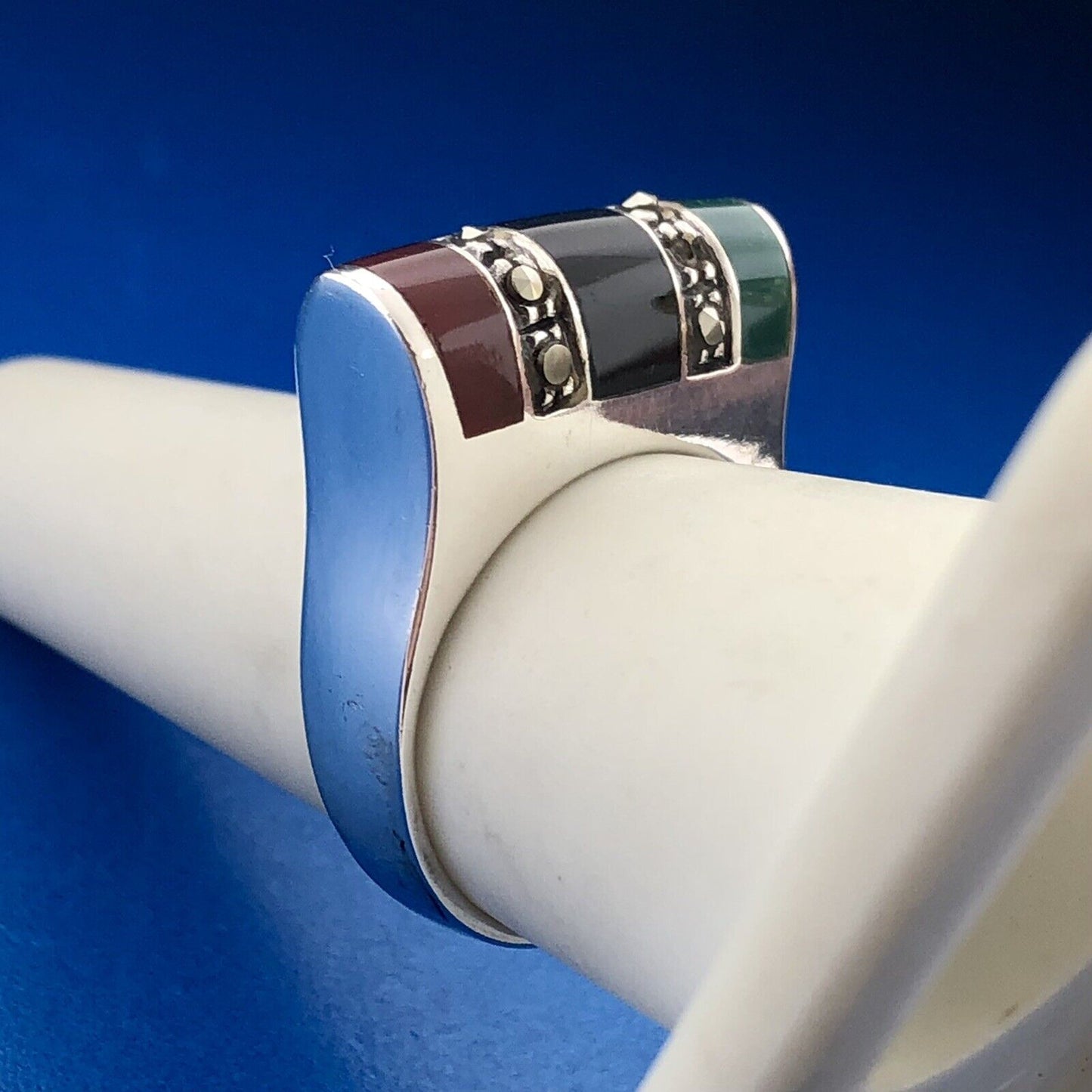 Retro Designer ND 925 Sterling Silver Green Black Onyx Carnelian Marcasite Ring