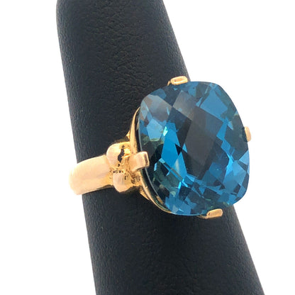 Stunning 10K Yellow Gold Rectangle Cushion Cut London Blue Topaz Cocktail Ring