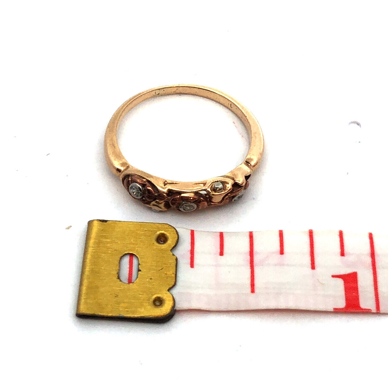 Vintage 14K Yellow Rose Gold Diamond Flower Textured Band Ring