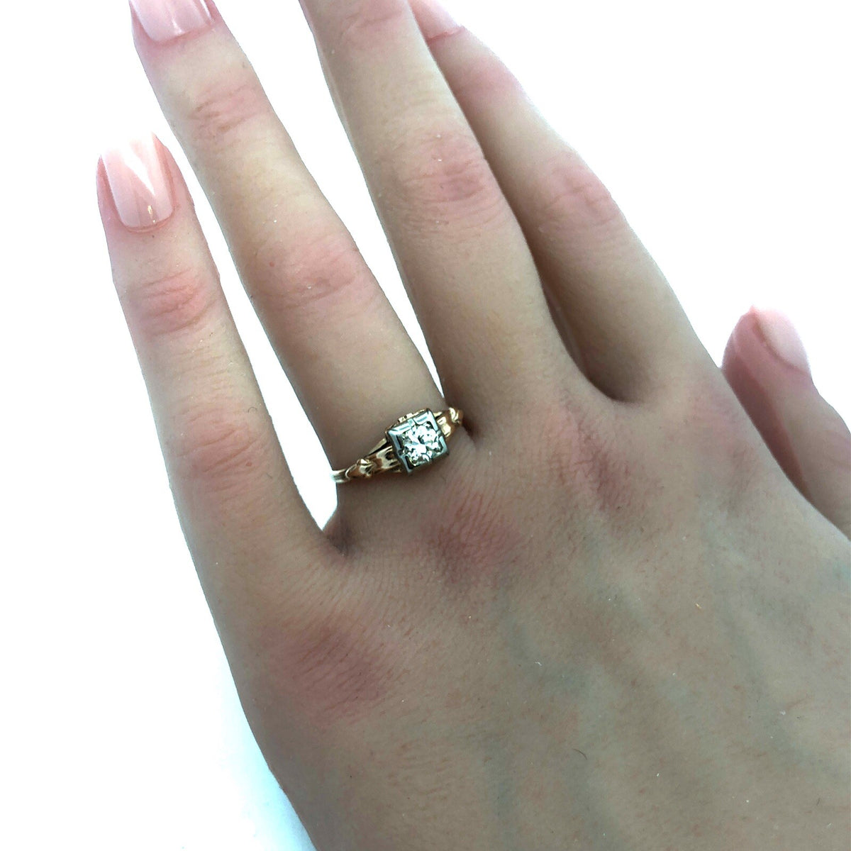 Art Nouveau Art Deco 14K Yellow Gold Diamond Solitaire Engagement Bridal Ring