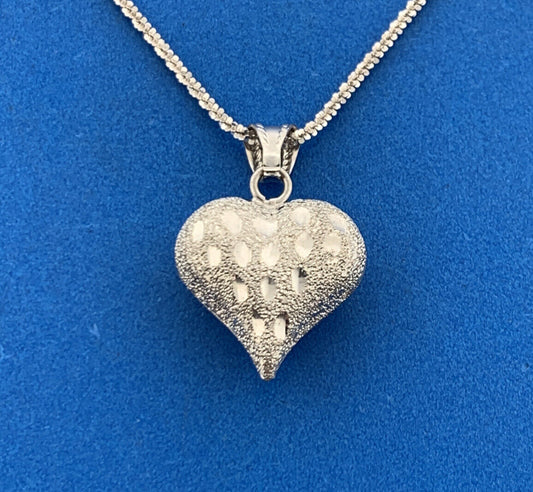 Designer Italy 10K White Gold Polished Diamond Cut Puffy Heart Pendant Necklace