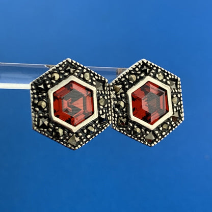 Sterling Silver Garnet Marcasite January Occasion Statement Stud Earrings