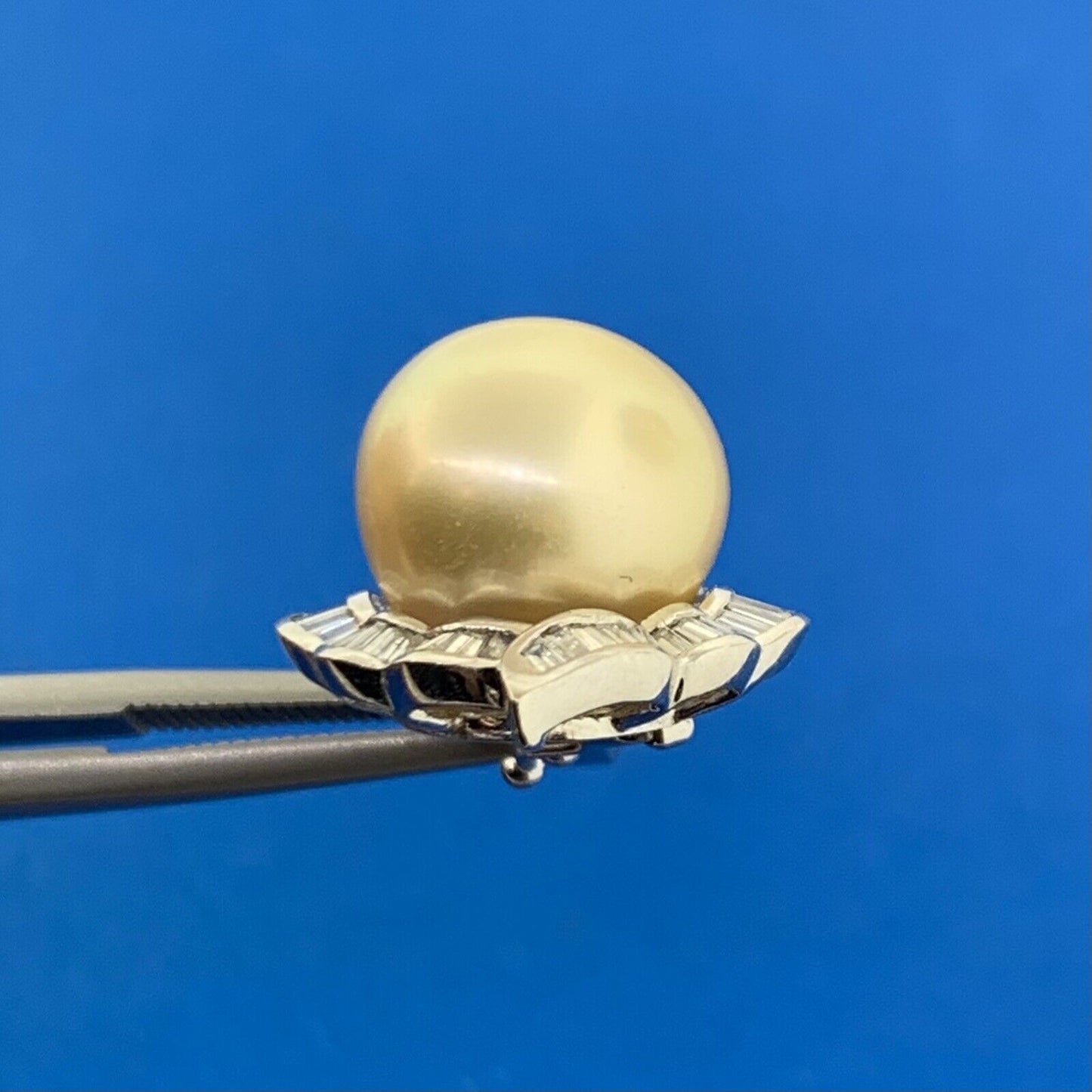 Estate 14K White Gold Pearl Diamond Baguette Halo Statement Enhancer Pendant