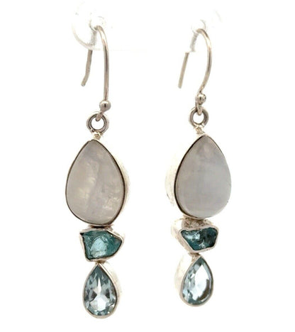 Vintage YS 925 Sterling Silver Moonstone Blue Topaz Tourmaline Dangle Earrings