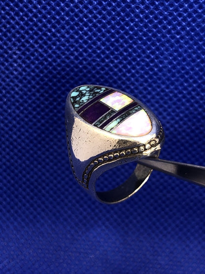 Vintage Designer  Sterling Silver Purple Onyx Opal Turquoise Inlay Finger Ring
