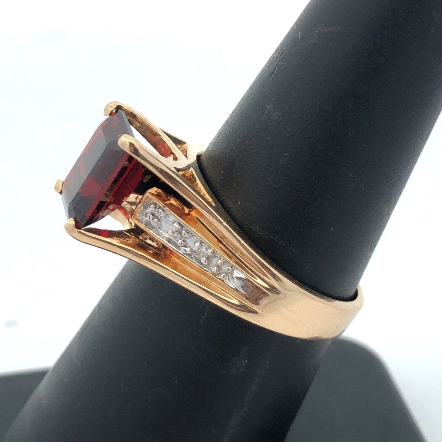 Designer 14K Yellow Gold Emerald Cut Garnet Round Diamond Accent Cocktail Ring