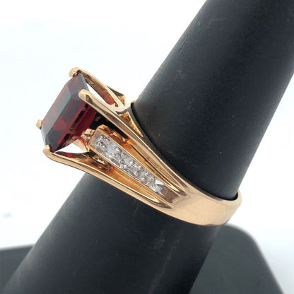 Designer 14K Yellow Gold Emerald Cut Garnet Round Diamond Accent Cocktail Ring