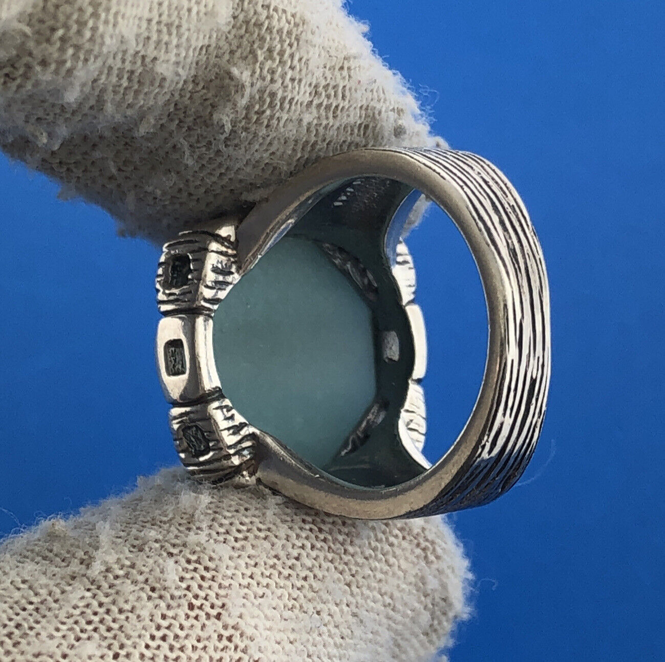Designer RE Sterling Silver 925 Faceted Blue Aventurine Dome Cocktail Ring