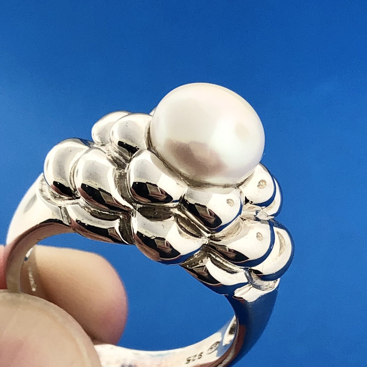 Designer EA Sterling Silver 925 Pearl Bubble Dome Cocktail Ring