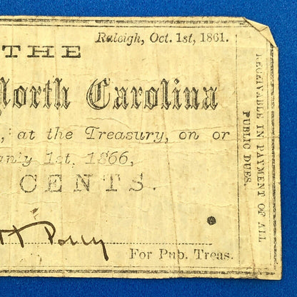 1861 State Of North Carolina 5 Cents 5c Civil War Obsolete State Scrip Note