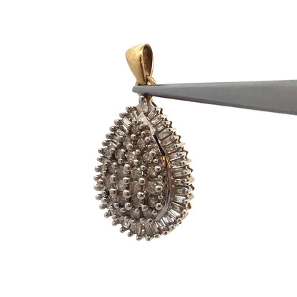 10K Yellow White Gold Diamond Cluster Pear Shaped Statement Pendant