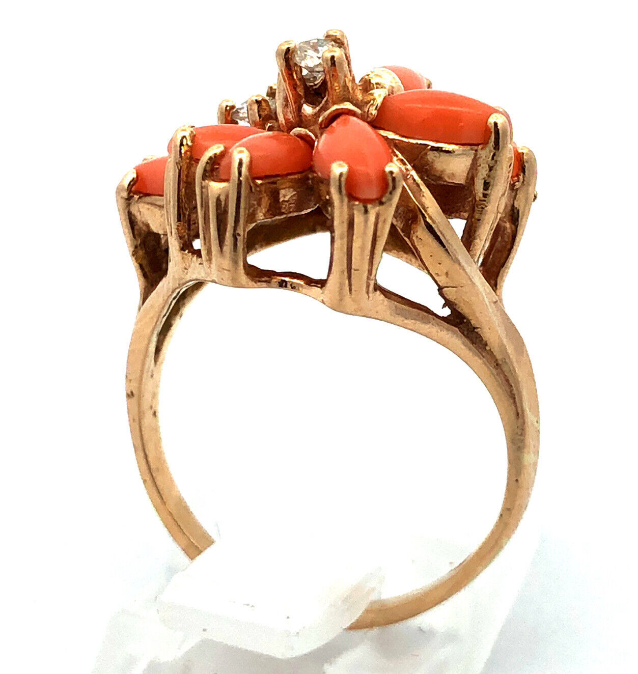 Designer 14K Yellow Gold Pink Coral Diamond Statement Cocktail Ring