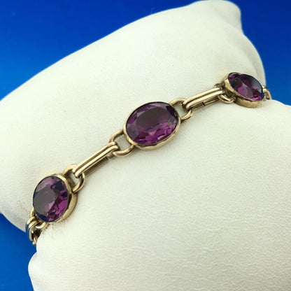 Vintage 12KT Gold Filled Oval Purple Amethyst Station Panel Link Bracelet