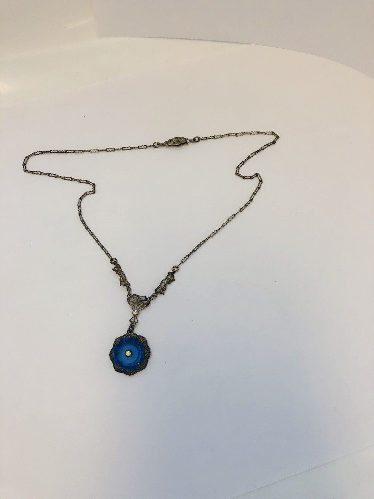 Art Nouveau Art Deco Sterling Silver Cobalt Glass Rhinestone Filigree Necklace