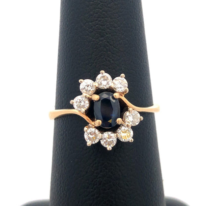 Gorgeous 14k Yellow Gold Oval Cut Sapphire Diamond Floral Cluster Ring Size 6.5