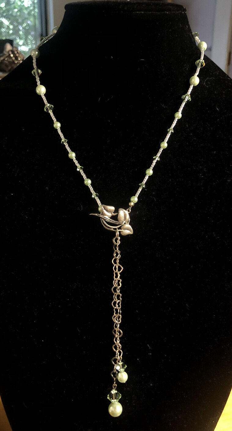 Vintage 925 Sterling Silver Green Crystal Faux Green Pearl Beaded Necklace