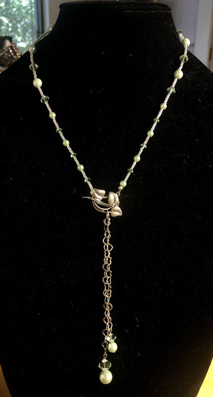 Vintage 925 Sterling Silver Green Crystal Faux Green Pearl Beaded Necklace