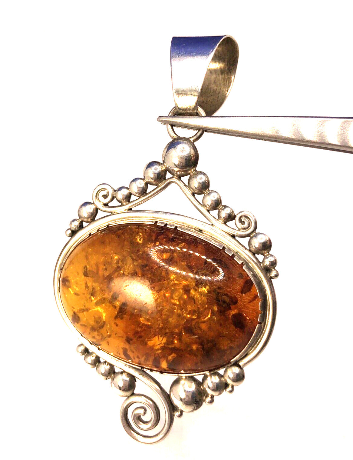 Vintage 925 Sterling Silver Oval Amber Open Scroll Statement Pendant