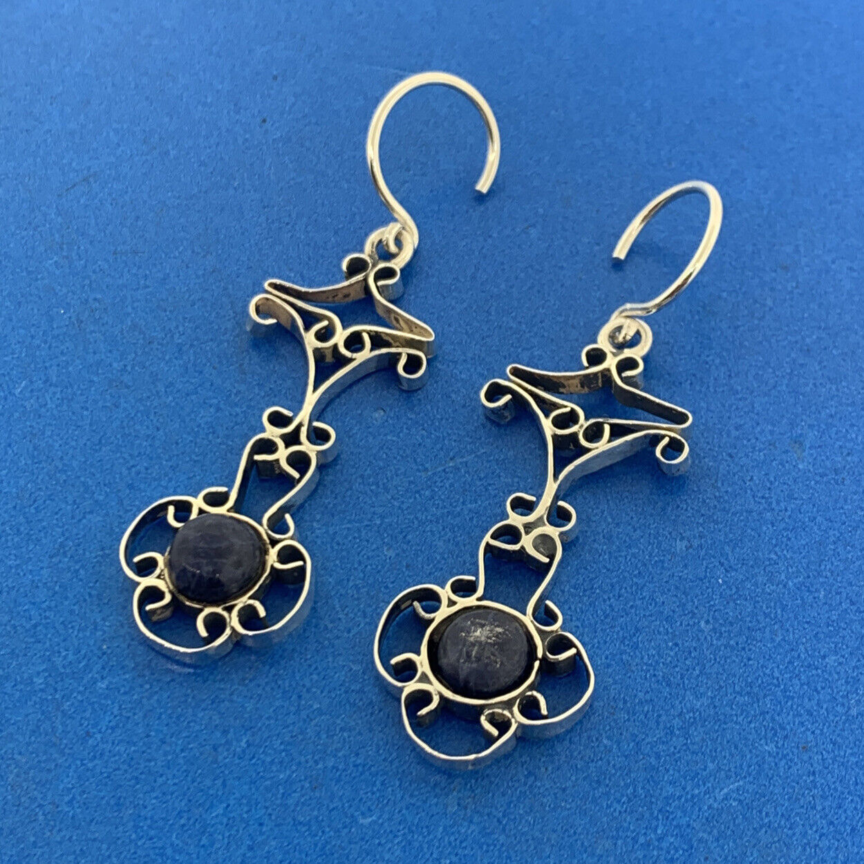 Vintage Navajo Running Bear Lapis Lazuli Hand Wrought Open Scroll Earrings