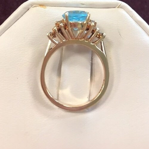 Vintage 10K Yellow Gold Blue Topaz Waterfall Diamond Engagement Anniversary Ring