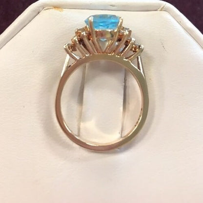 Vintage 10K Yellow Gold Blue Topaz Waterfall Diamond Engagement Anniversary Ring