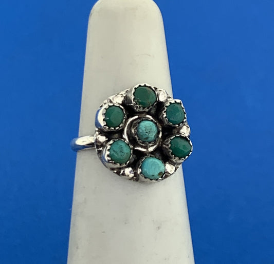 Stunning Sterling Silver 925 7 Green Turquoise Stone Circle Cluster Ring Size 4
