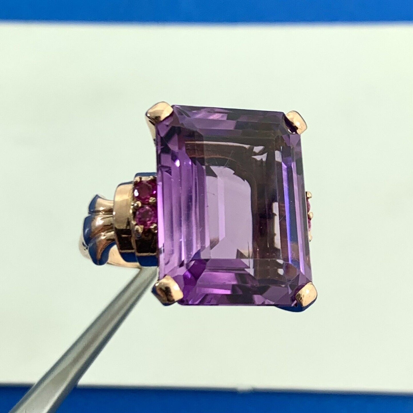 Estate Emerald Cut Amethyst Ruby Accents 14K Rose Gold Statement Cocktail Ring