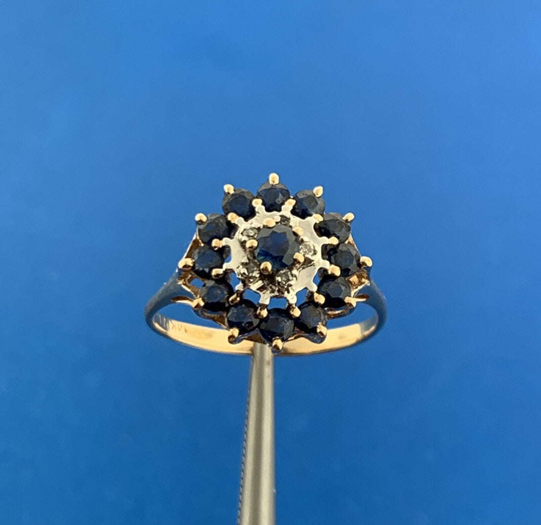 14K Yellow Gold Sapphire Diamond September Anniversary Empire Cluster Ring
