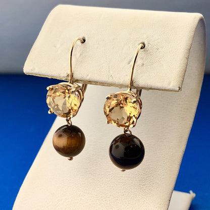 Vintage 14K Yellow Gold Citrine Solitaire Tigers Eye Ball Drop Dangle Earrings