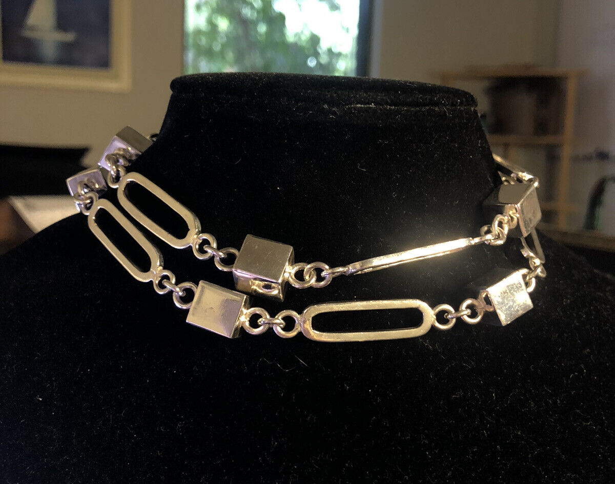 Estate Taxco TR-167 925 Sterling Silver Paper Clip Chain Statement Necklace