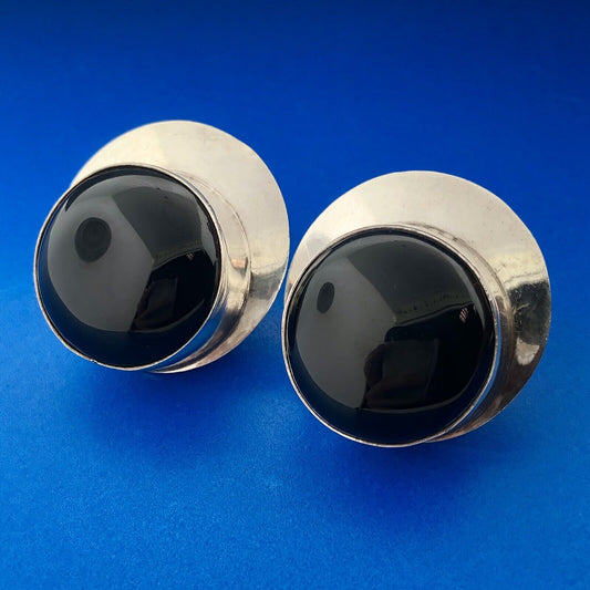 Vintage Sterling Silver 925 TD-34 Taxco Mexico Cabochon Onyx Clip-On Earrings