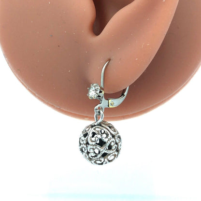 Vintage 925 Sterling Silver Round Cubic Zirconia Ball Dangle Hook Earrings