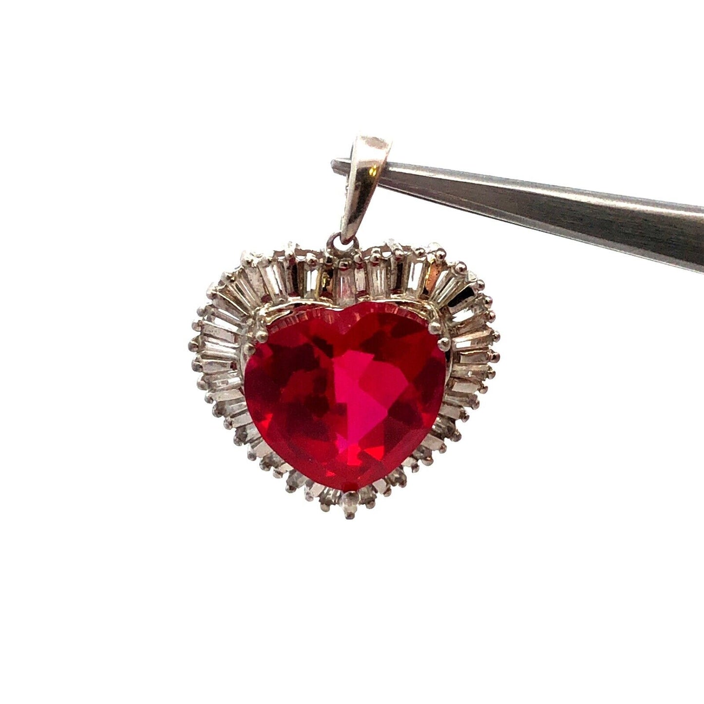 Designer Sterling Silver Cushion Ruby Diamond Accented Heart Statement Pendant