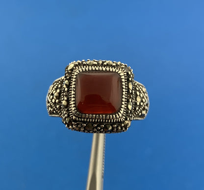 Designer 925 Sterling Silver Red Carnelian Marcasite Square Dome Ring