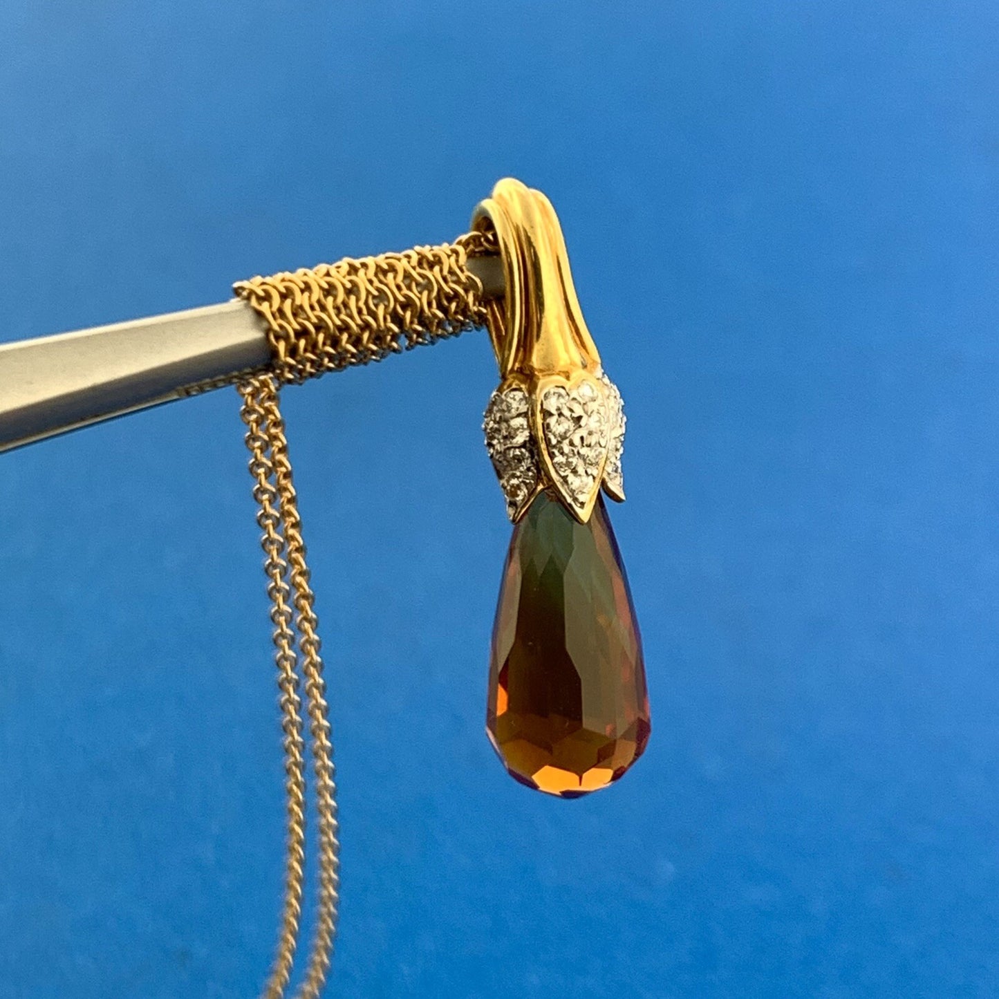 Gorgeous 18k Yellow Gold Orange Citrine Diamond Accent Floral 16" Chain Necklace