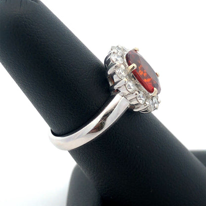 Estate 14K White Gold Oval Mexican Fire Opal Round Diamond Halo Statement Ring