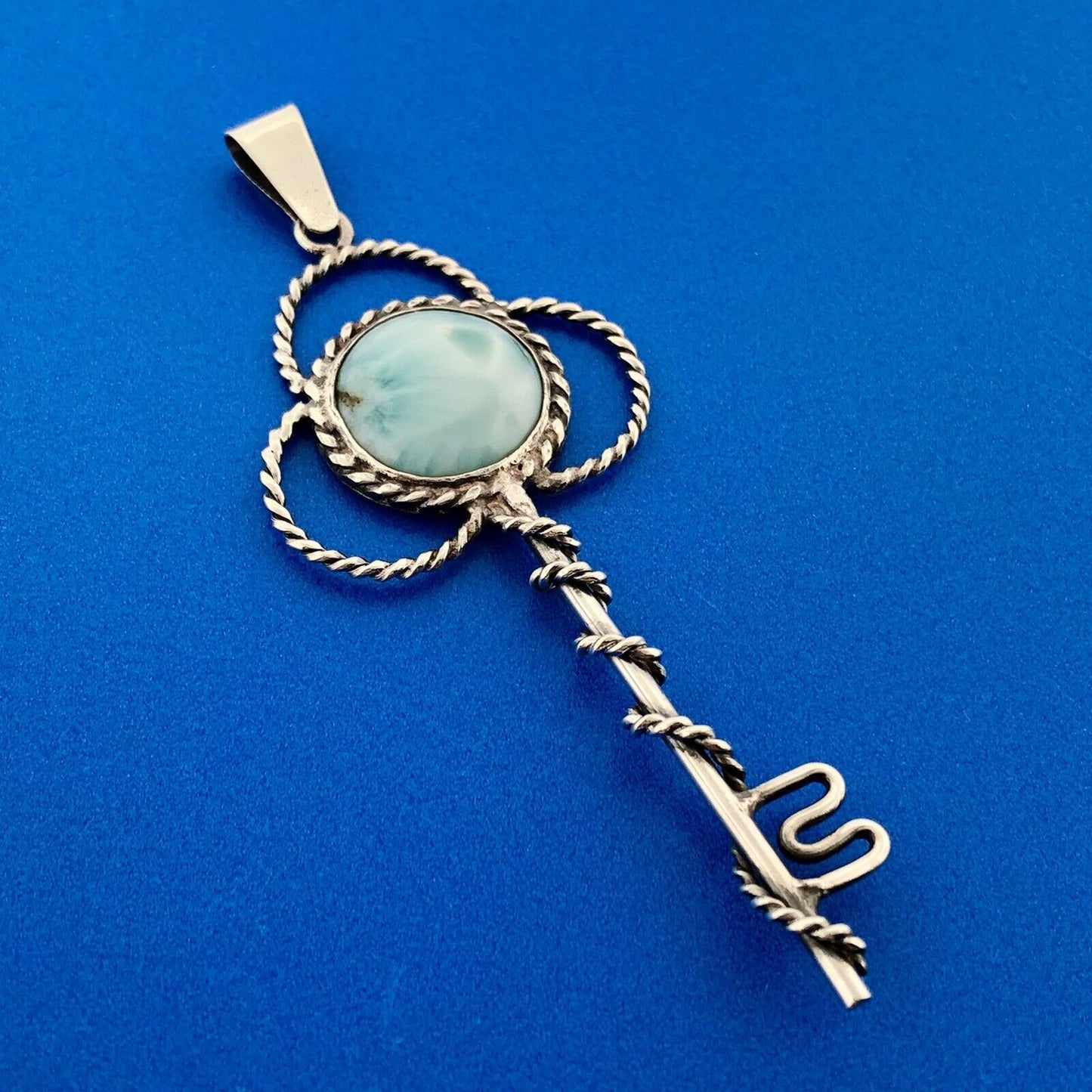 Retro 925 Sterling Silver Larimar Pectolite Skeleton Key Statement Pendant