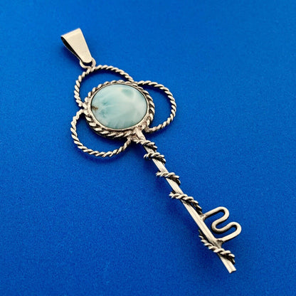 Retro 925 Sterling Silver Larimar Pectolite Skeleton Key Statement Pendant
