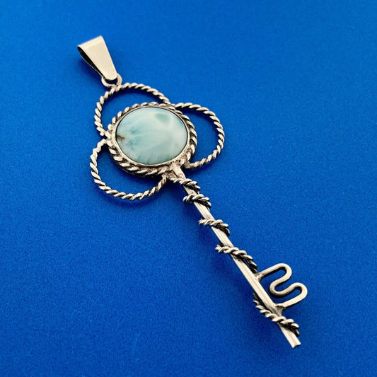 Retro 925 Sterling Silver Larimar Pectolite Skeleton Key Statement Pendant